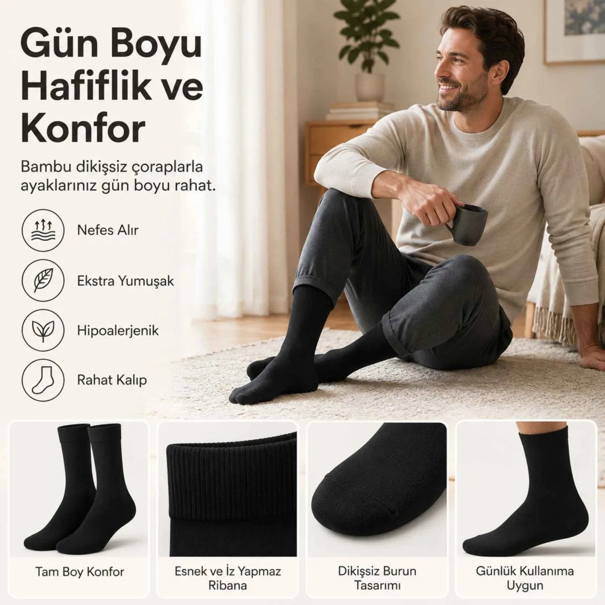 Erkek Bambu Soket Çorap 12’li Paket, Dikişsiz Parfümlü Nefes Alan Yumuşak Nem Emici Günlük Uzun Çorap