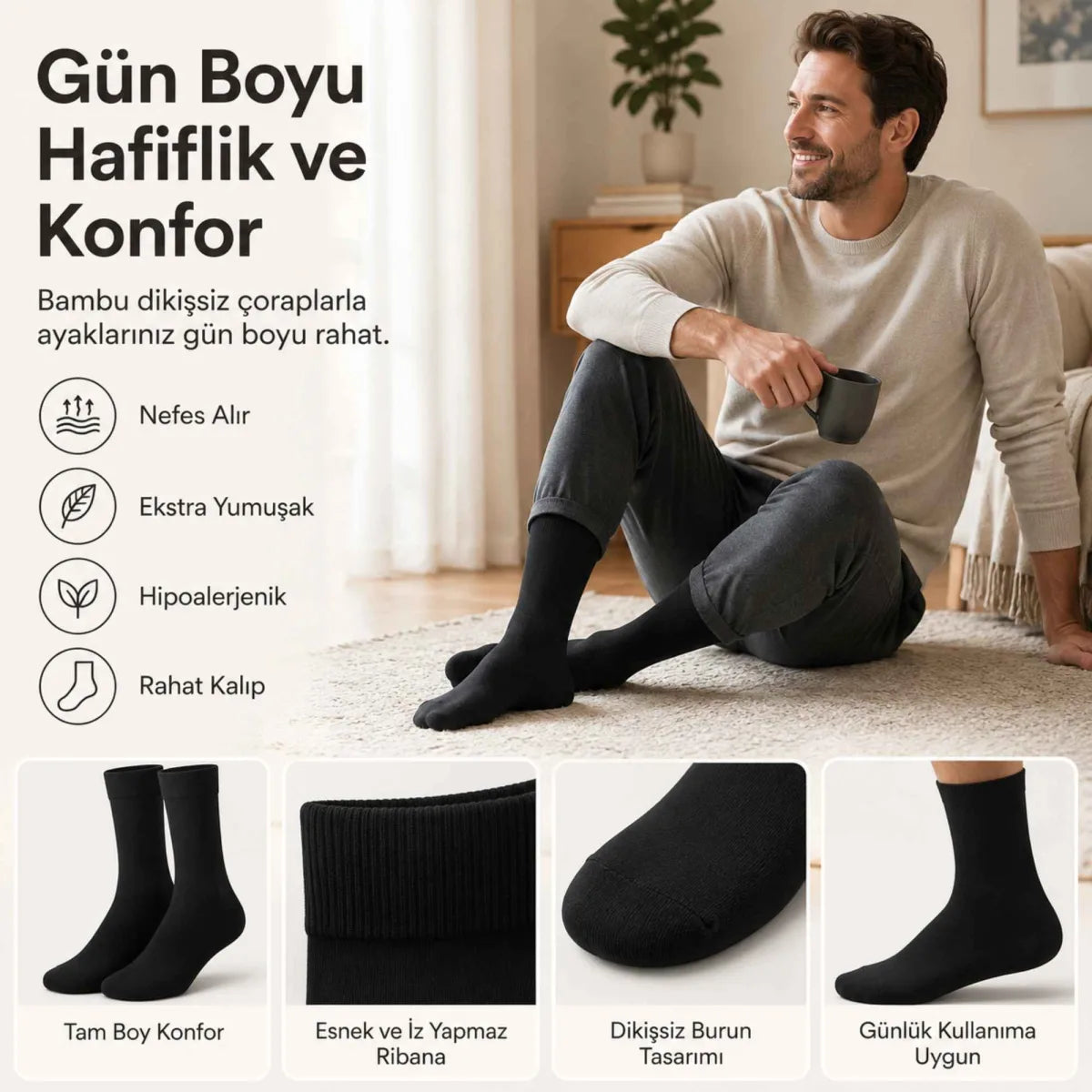 Erkek Bambu Soket Çorap 12’li Paket, Dikişsiz Parfümlü Nefes Alan Yumuşak Nem Emici Günlük Uzun Çorap