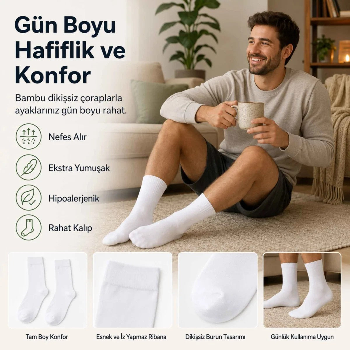Erkek Bambu Soket Çorap 12’li Paket, Dikişsiz Parfümlü Nefes Alan Yumuşak Nem Emici Günlük Uzun Çorap