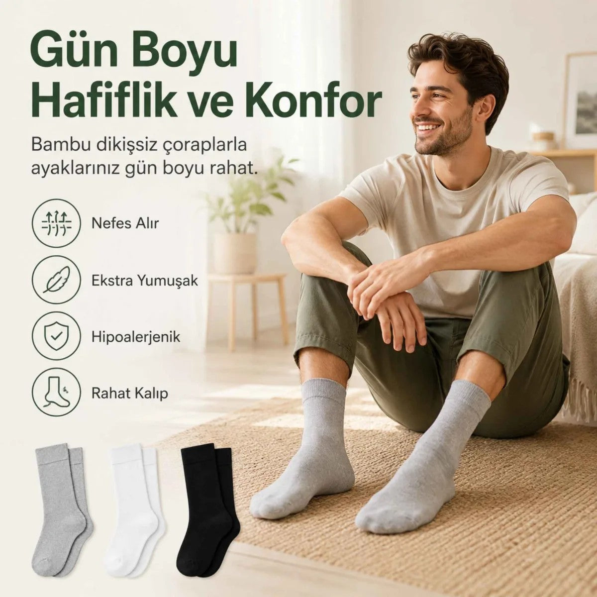 Erkek Bambu Soket Çorap 12’li Paket, Dikişsiz Parfümlü Nefes Alan Yumuşak Nem Emici Günlük Uzun Çorap