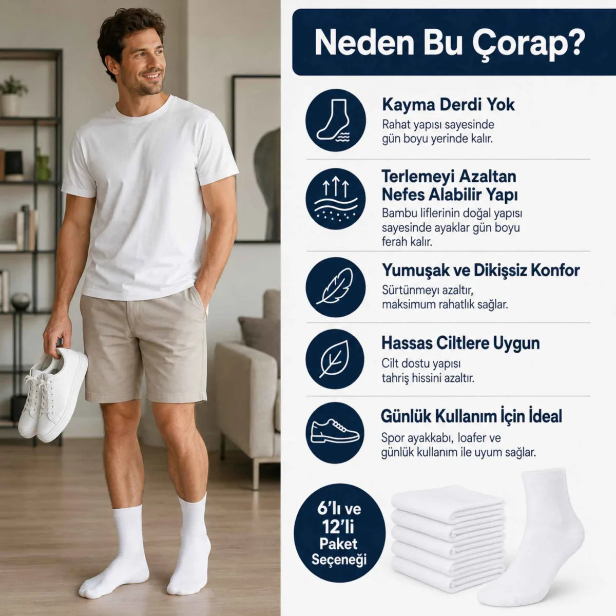 Erkek Bambu Soket Çorap 12’li Paket, Dikişsiz Parfümlü Nefes Alan Yumuşak Nem Emici Günlük Uzun Çorap