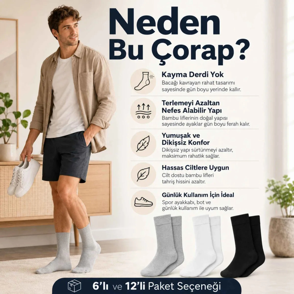 Erkek Bambu Soket Çorap 12’li Paket, Dikişsiz Parfümlü Nefes Alan Yumuşak Nem Emici Günlük Uzun Çorap