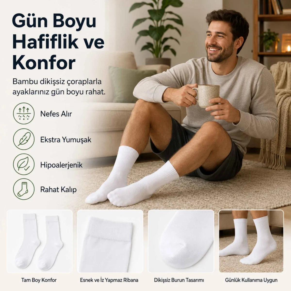 Erkek Bambu Soket Çorap 6’lı Paket, Dikişsiz Parfümlü Nefes Alan Yumuşak Nem Emici Günlük Uzun Çorap