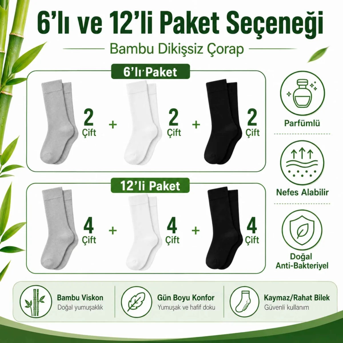 Erkek Bambu Soket Çorap 6’lı Paket, Dikişsiz Parfümlü Nefes Alan Yumuşak Nem Emici Günlük Uzun Çorap