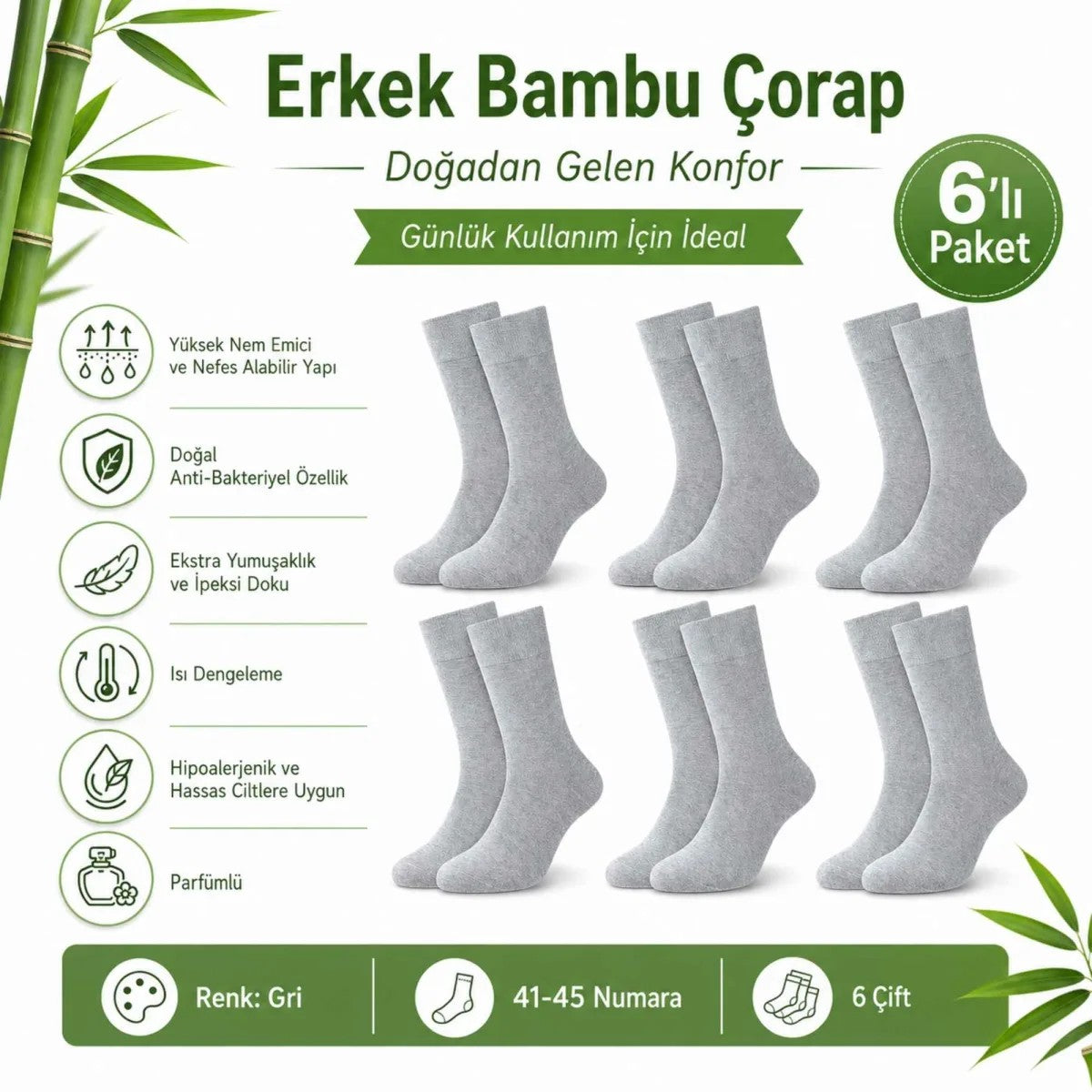 Erkek Bambu Soket Çorap 6’lı Paket, Dikişsiz Parfümlü Nefes Alan Yumuşak Nem Emici Günlük Uzun Çorap