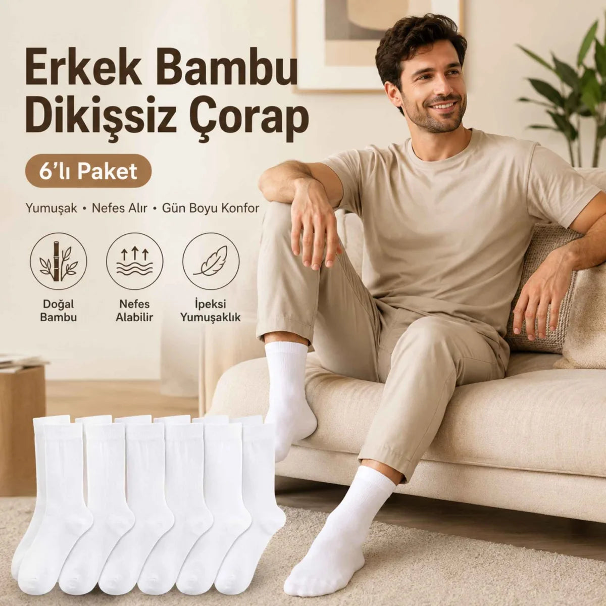 Erkek Bambu Soket Çorap 6’lı Paket, Dikişsiz Parfümlü Nefes Alan Yumuşak Nem Emici Günlük Uzun Çorap