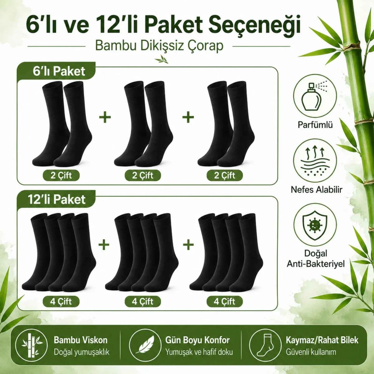 Erkek Bambu Soket Çorap 6’lı Paket, Dikişsiz Parfümlü Nefes Alan Yumuşak Nem Emici Günlük Uzun Çorap