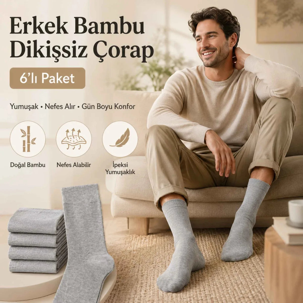 Erkek Bambu Soket Çorap 6’lı Paket, Dikişsiz Parfümlü Nefes Alan Yumuşak Nem Emici Günlük Uzun Çorap