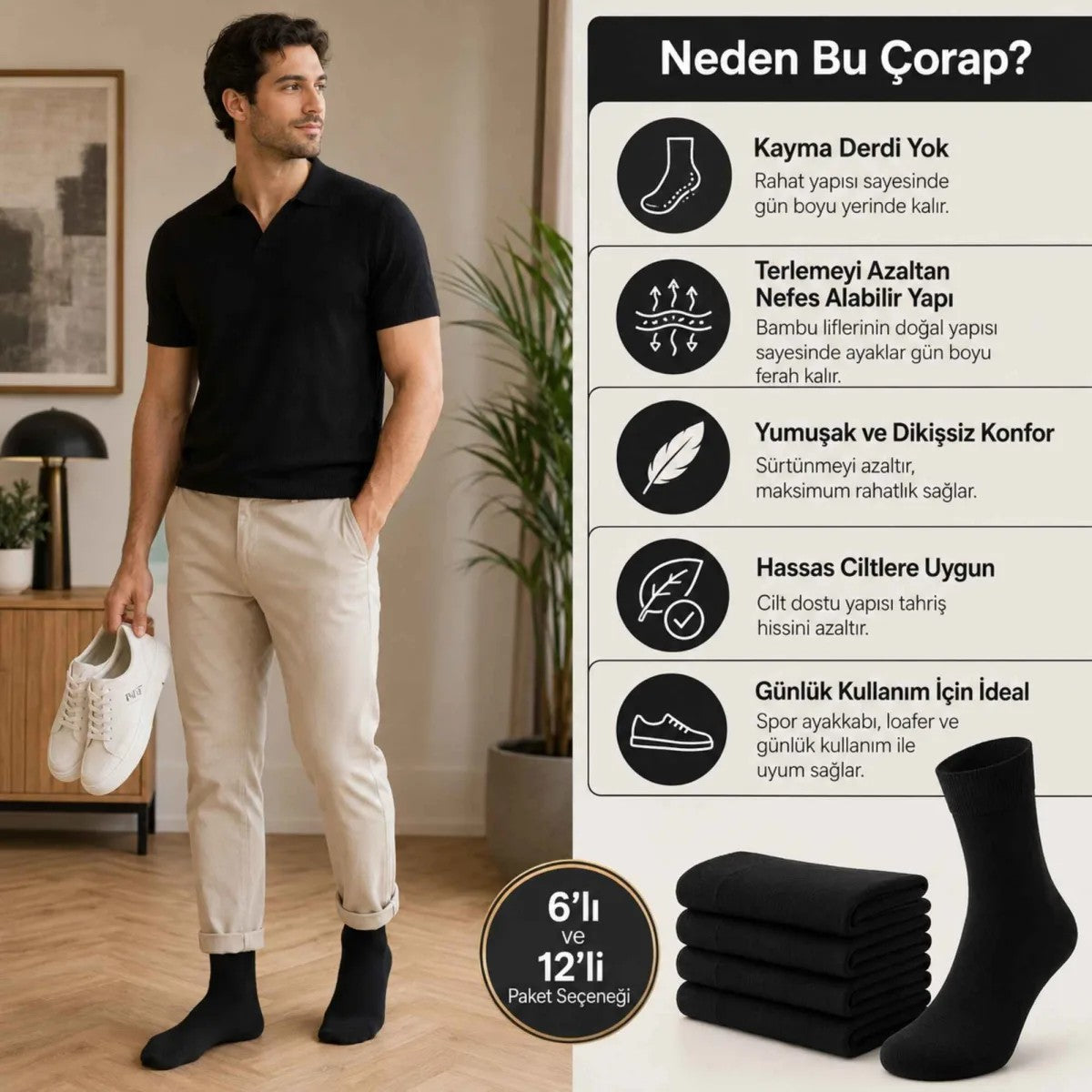 Erkek Bambu Soket Çorap 6’lı Paket, Dikişsiz Parfümlü Nefes Alan Yumuşak Nem Emici Günlük Uzun Çorap
