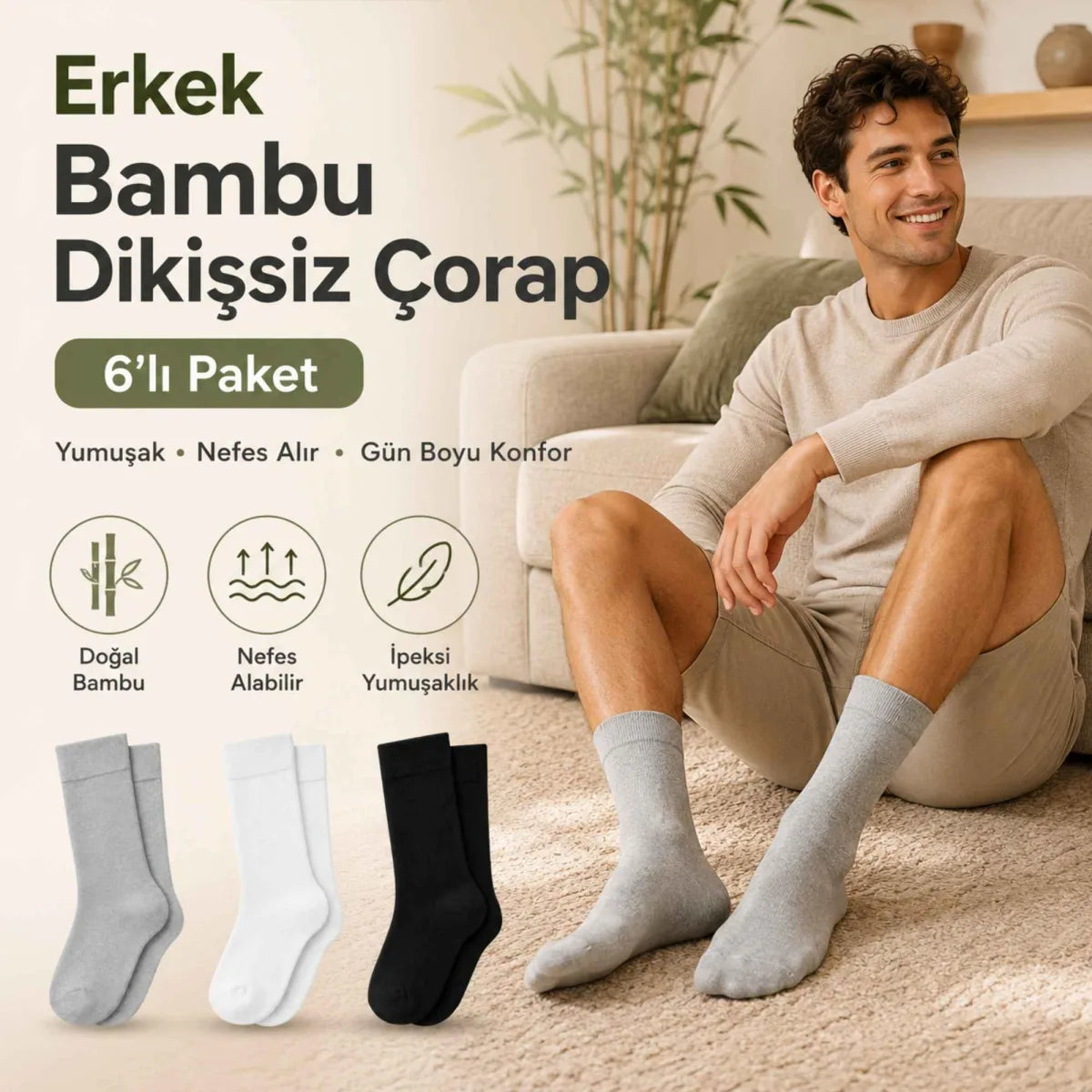 Erkek Bambu Soket Çorap 6’lı Paket, Dikişsiz Parfümlü Nefes Alan Yumuşak Nem Emici Günlük Uzun Çorap