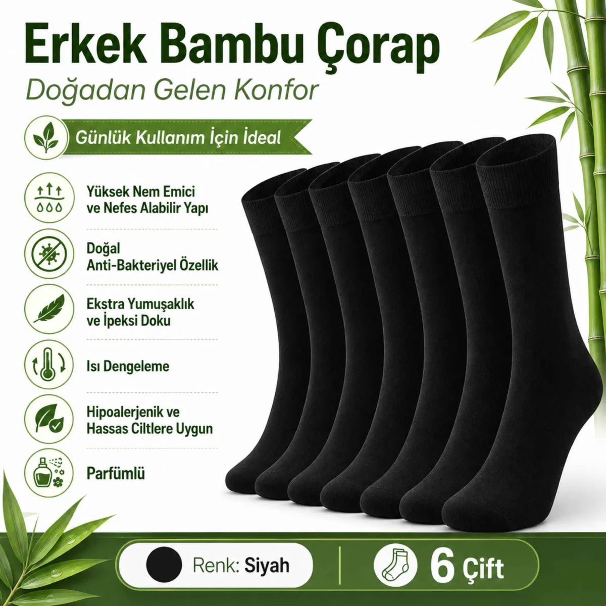 Erkek Bambu Soket Çorap 6’lı Paket, Dikişsiz Parfümlü Nefes Alan Yumuşak Nem Emici Günlük Uzun Çorap