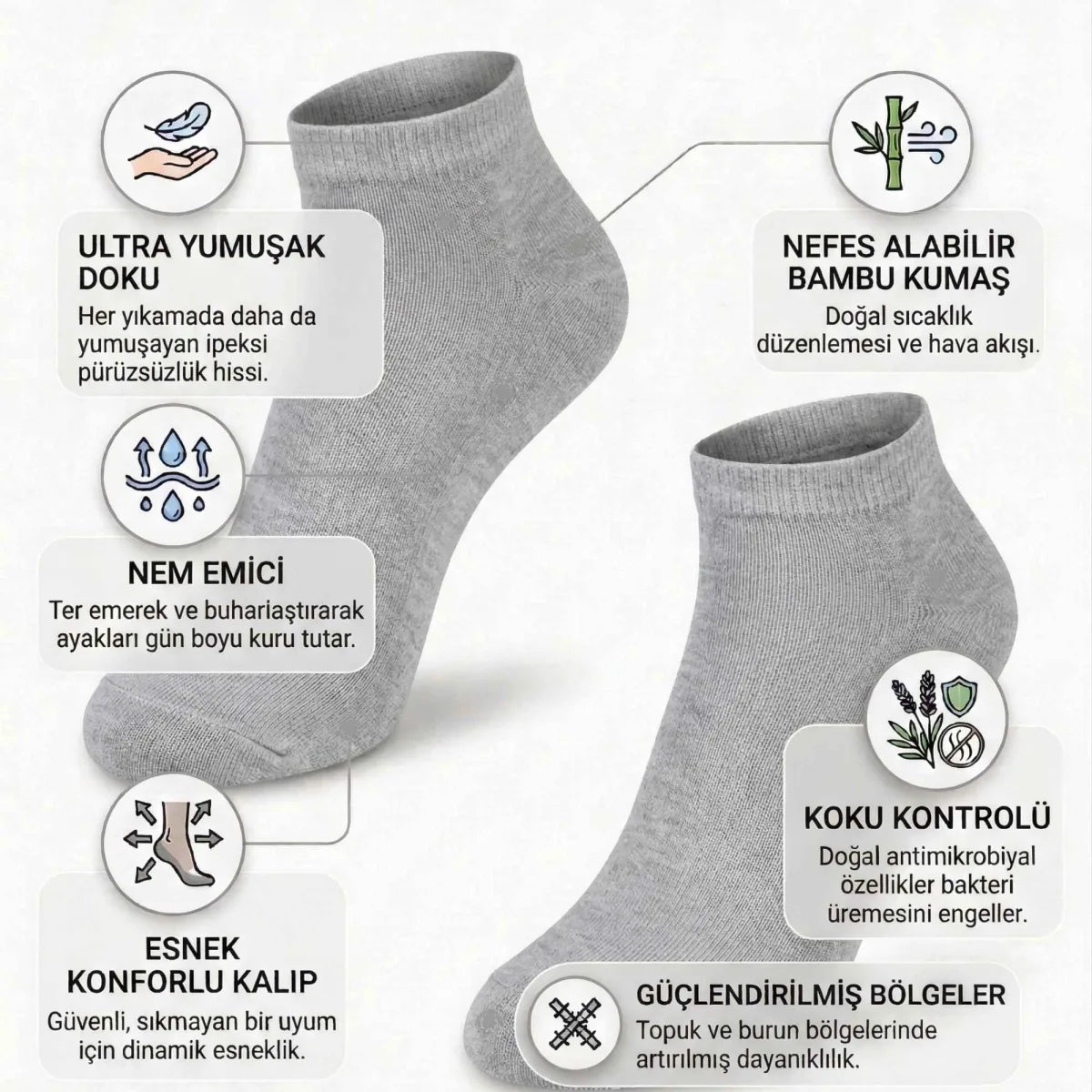 Kadın Bambu Patik Çorap 12’li Paket, Siyah Beyaz Gri, Nefes Alan Nem Emici Yumuşak Günlük Spor Bilek Çorabı