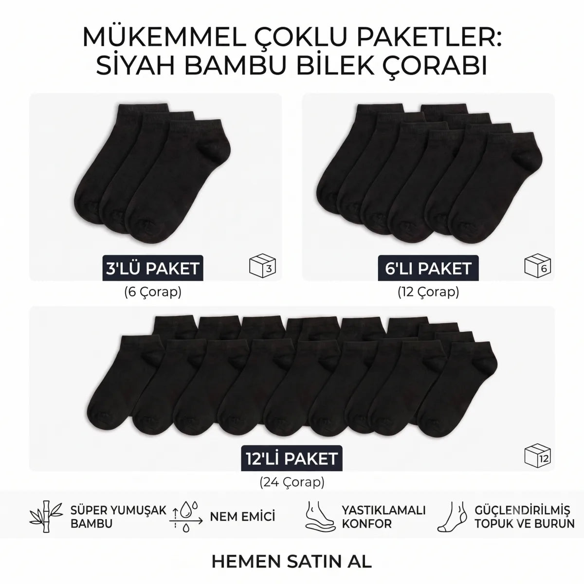 Kadın Bambu Patik Çorap 12’li Paket, Siyah Beyaz Gri, Nefes Alan Nem Emici Yumuşak Günlük Spor Bilek Çorabı