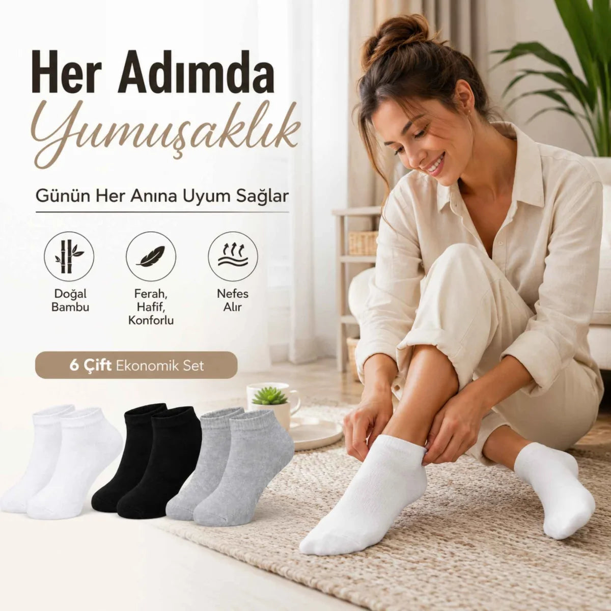 Kadın Bambu Patik Çorap 12’li Paket, Siyah Beyaz Gri, Nefes Alan Nem Emici Yumuşak Günlük Spor Bilek Çorabı