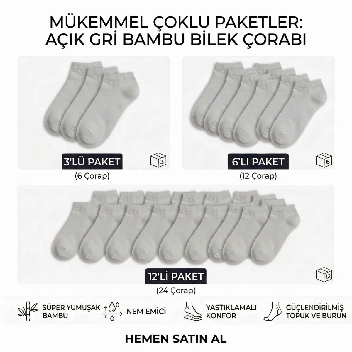 Kadın Bambu Patik Çorap 12’li Paket, Siyah Beyaz Gri, Nefes Alan Nem Emici Yumuşak Günlük Spor Bilek Çorabı