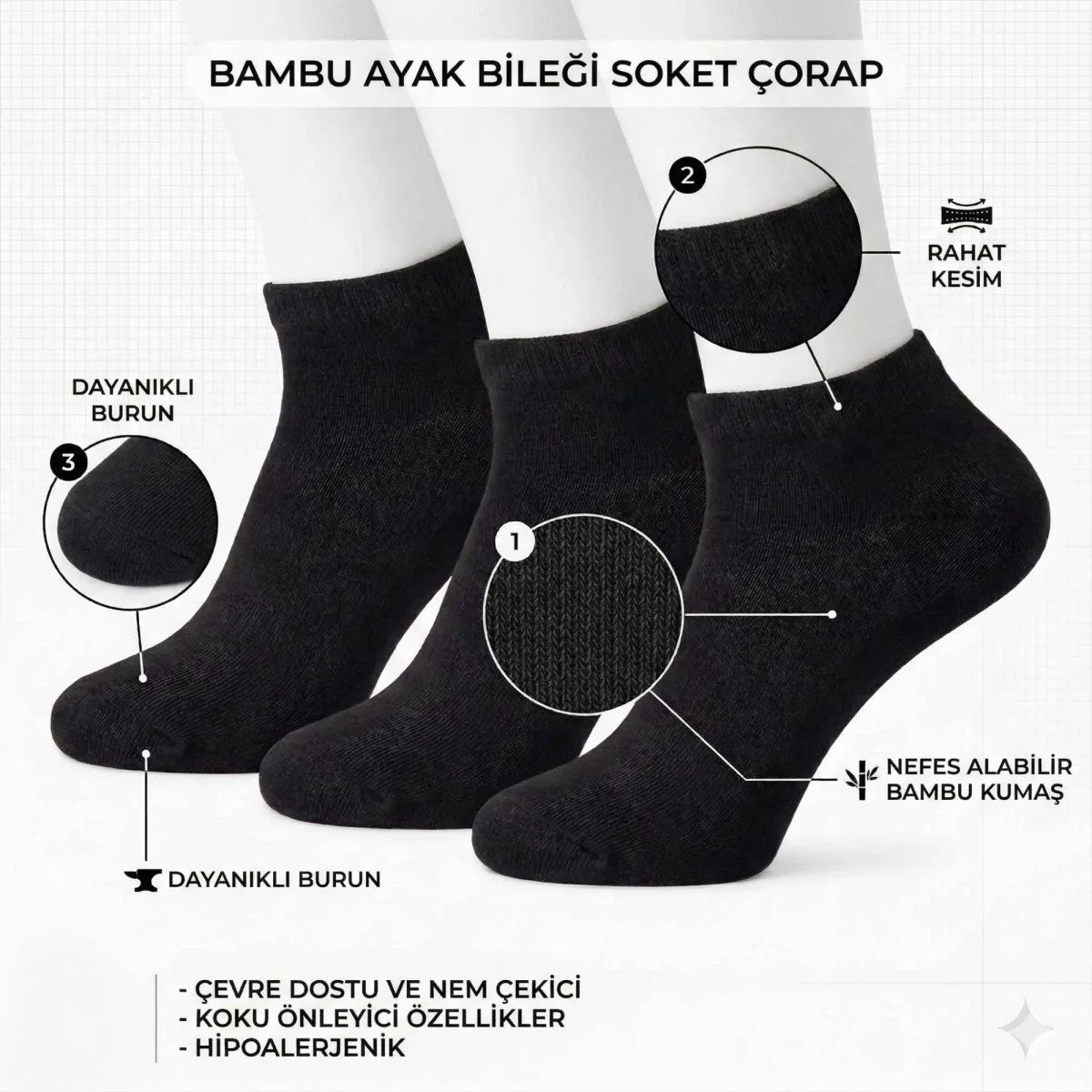 Kadın Bambu Patik Çorap 6’lı Paket, Siyah Beyaz Gri, Nefes Alan Nem Emici Yumuşak Günlük Spor Bilek Çorabı