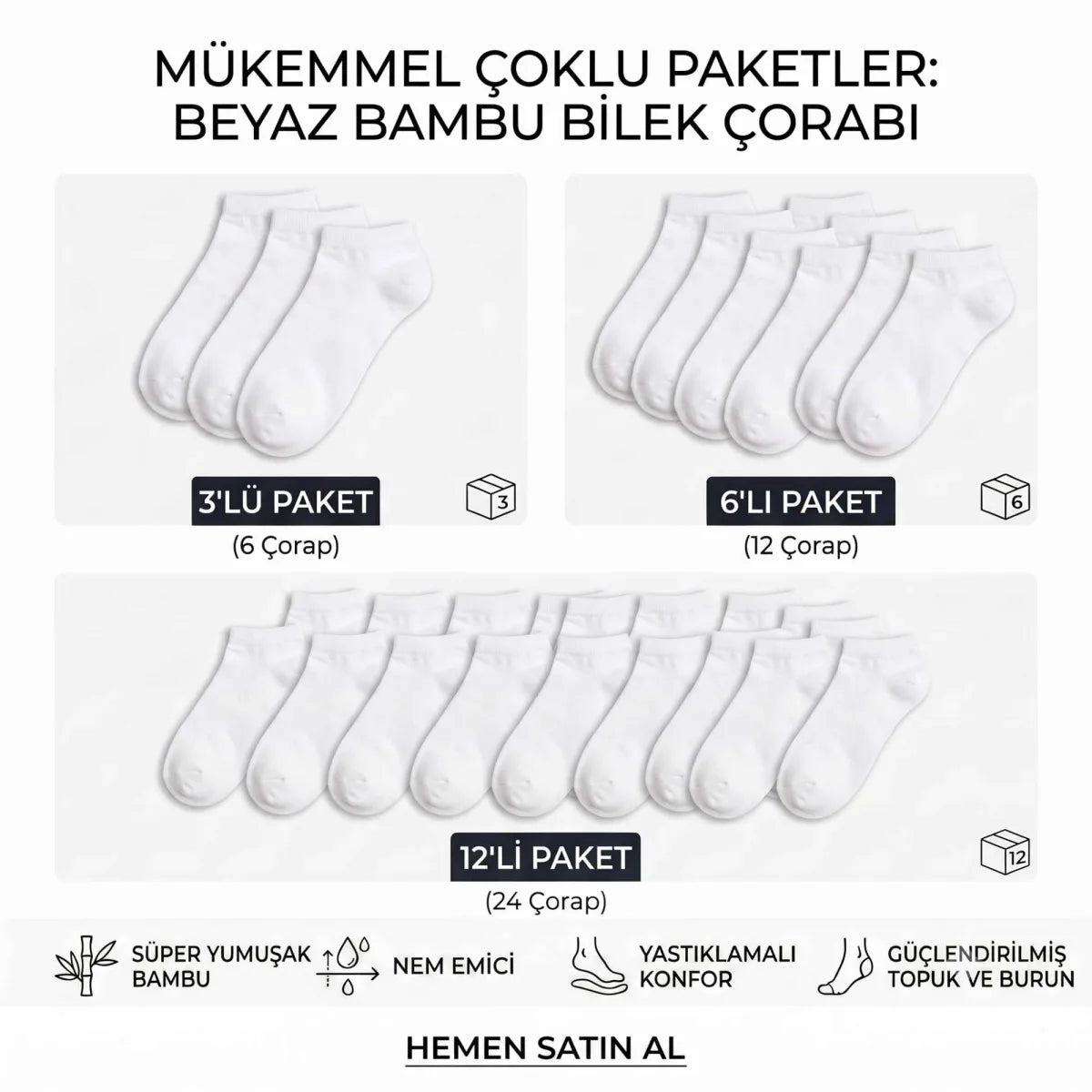 Kadın Bambu Patik Çorap 6’lı Paket, Siyah Beyaz Gri, Nefes Alan Nem Emici Yumuşak Günlük Spor Bilek Çorabı