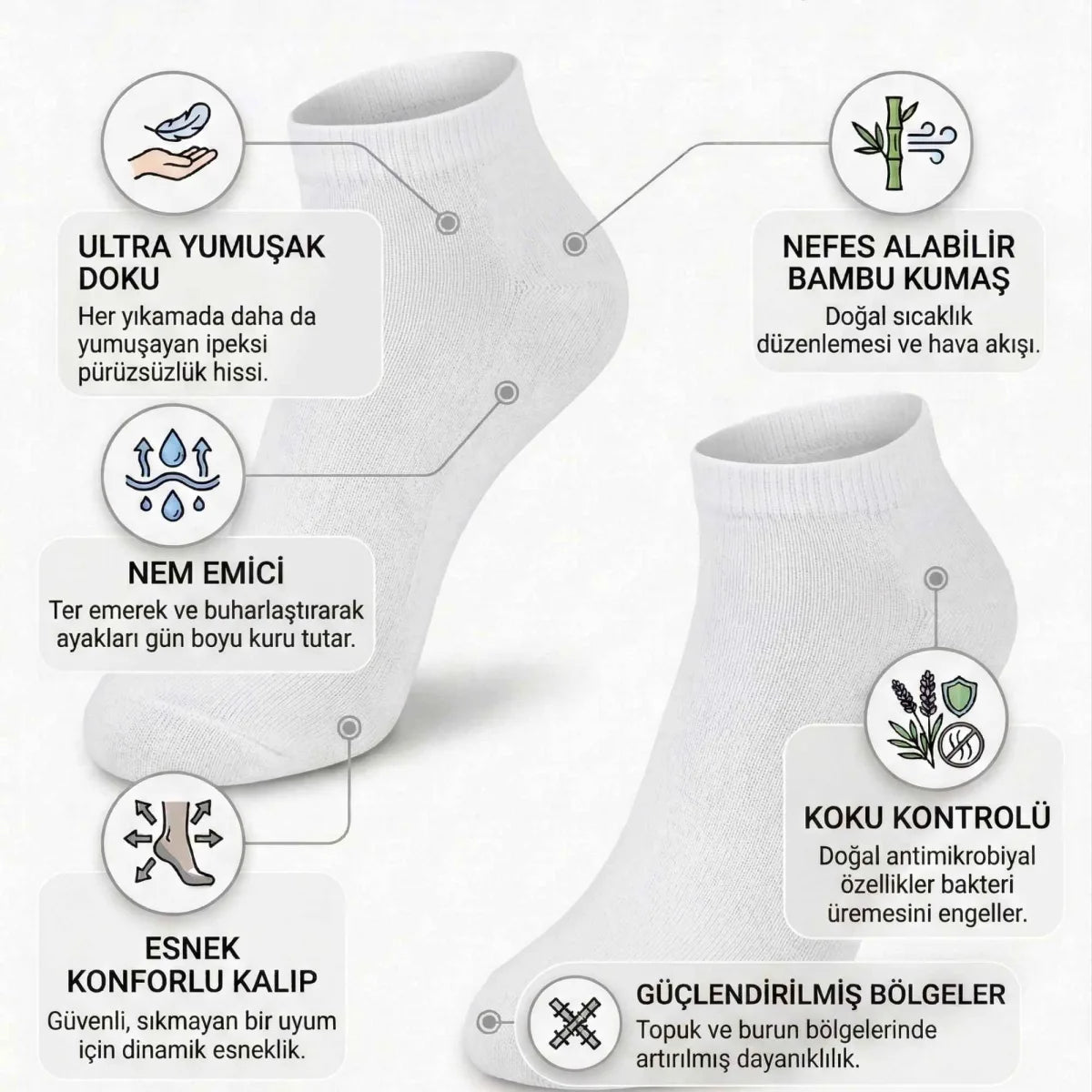 Kadın Bambu Patik Çorap 6’lı Paket, Siyah Beyaz Gri, Nefes Alan Nem Emici Yumuşak Günlük Spor Bilek Çorabı