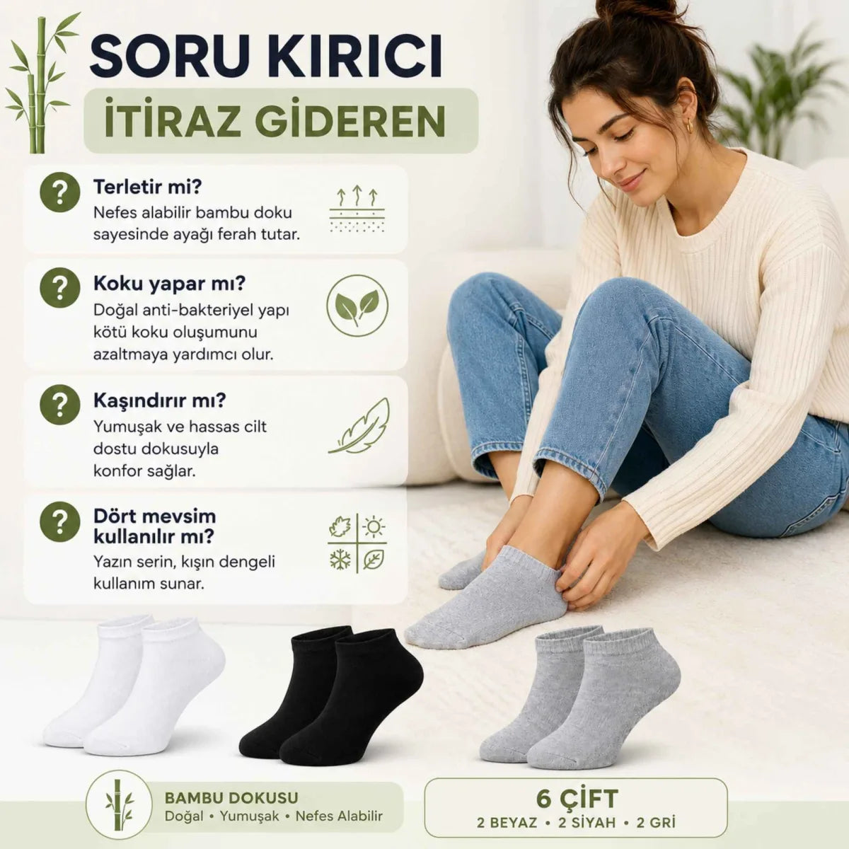 Kadın Bambu Patik Çorap 6’lı Paket, Siyah Beyaz Gri, Nefes Alan Nem Emici Yumuşak Günlük Spor Bilek Çorabı