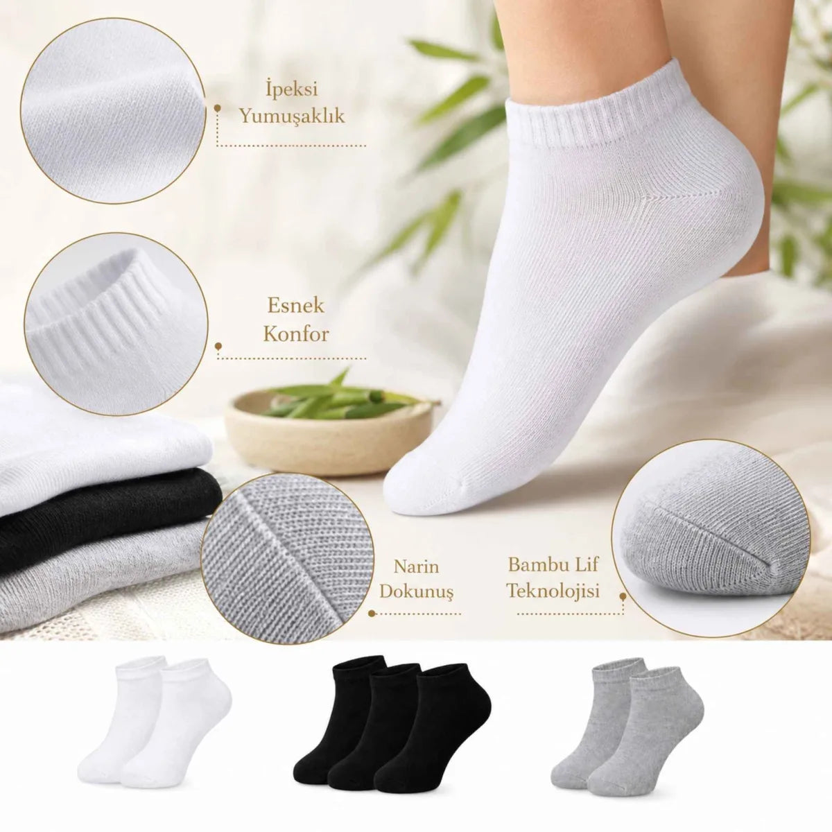 Kadın Bambu Patik Çorap 6’lı Paket, Siyah Beyaz Gri, Nefes Alan Nem Emici Yumuşak Günlük Spor Bilek Çorabı