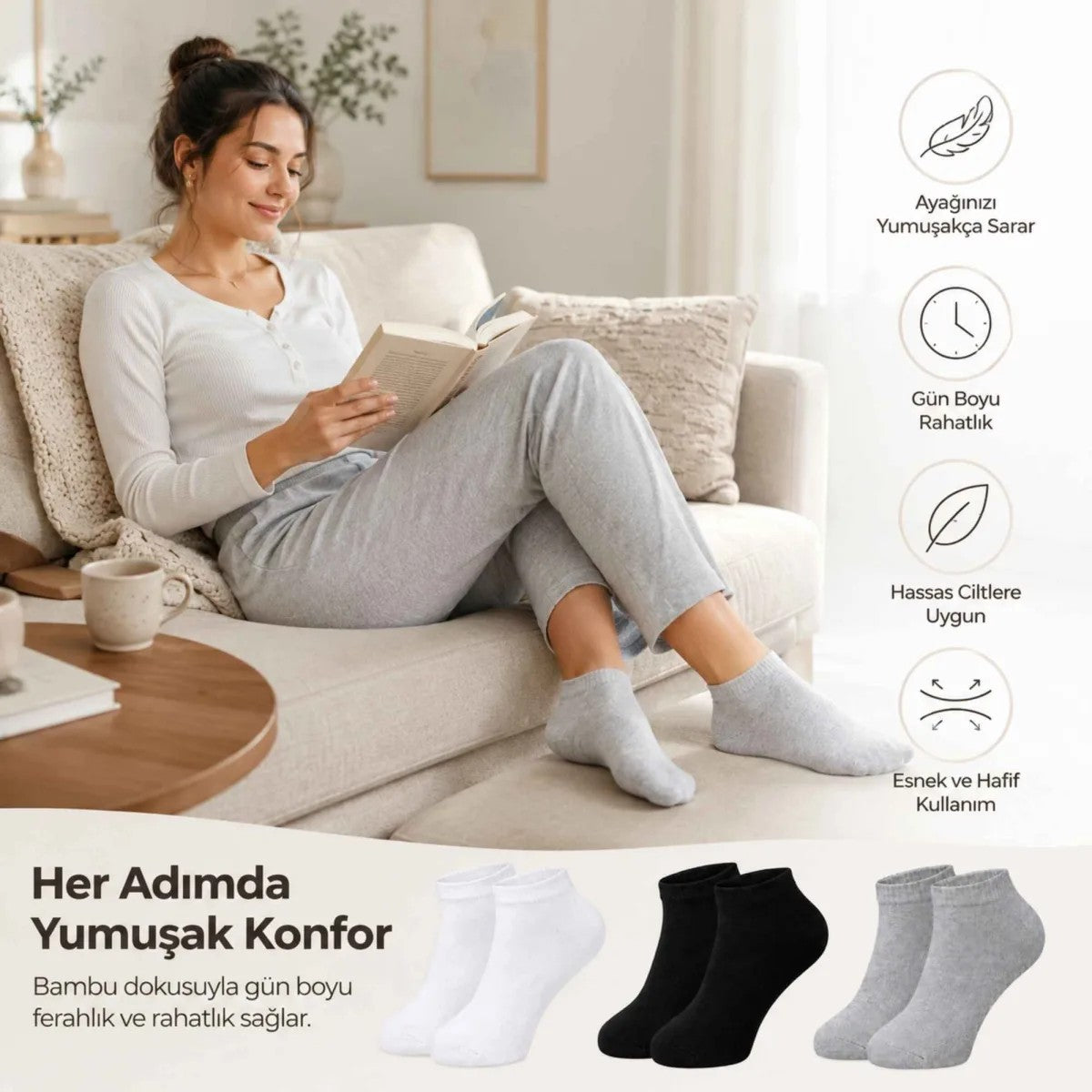 Kadın Bambu Patik Çorap 6’lı Paket, Siyah Beyaz Gri, Nefes Alan Nem Emici Yumuşak Günlük Spor Bilek Çorabı