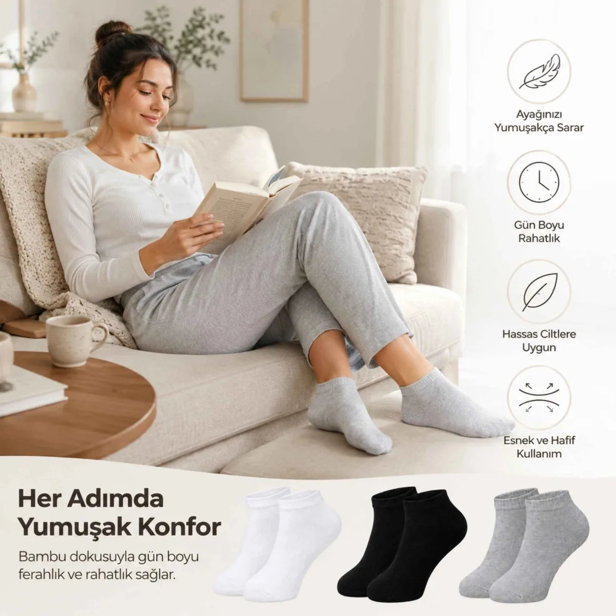Kadın Bambu Patik Çorap 6’lı Paket, Siyah Beyaz Gri, Nefes Alan Nem Emici Yumuşak Günlük Spor Bilek Çorabı