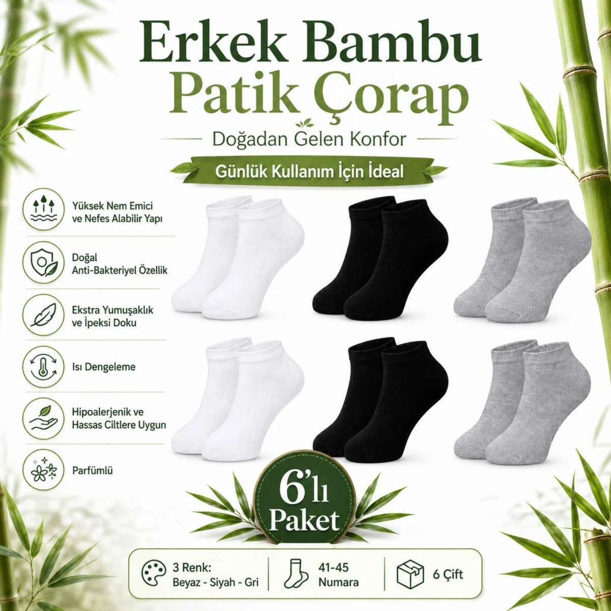 Erkek Bambu Patik Çorap 12’li Paket, Siyah Beyaz Gri, Nefes Alan Nem Emici Yumuşak Günlük Spor Bilek Çorabı