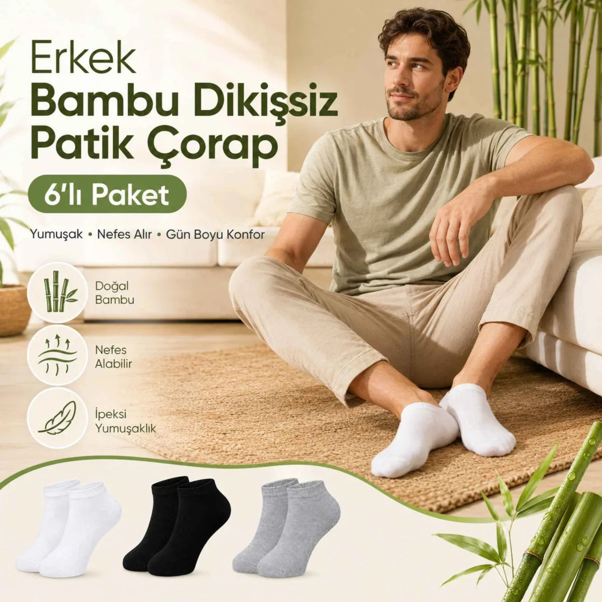 Erkek Bambu Patik Çorap 12’li Paket, Siyah Beyaz Gri, Nefes Alan Nem Emici Yumuşak Günlük Spor Bilek Çorabı