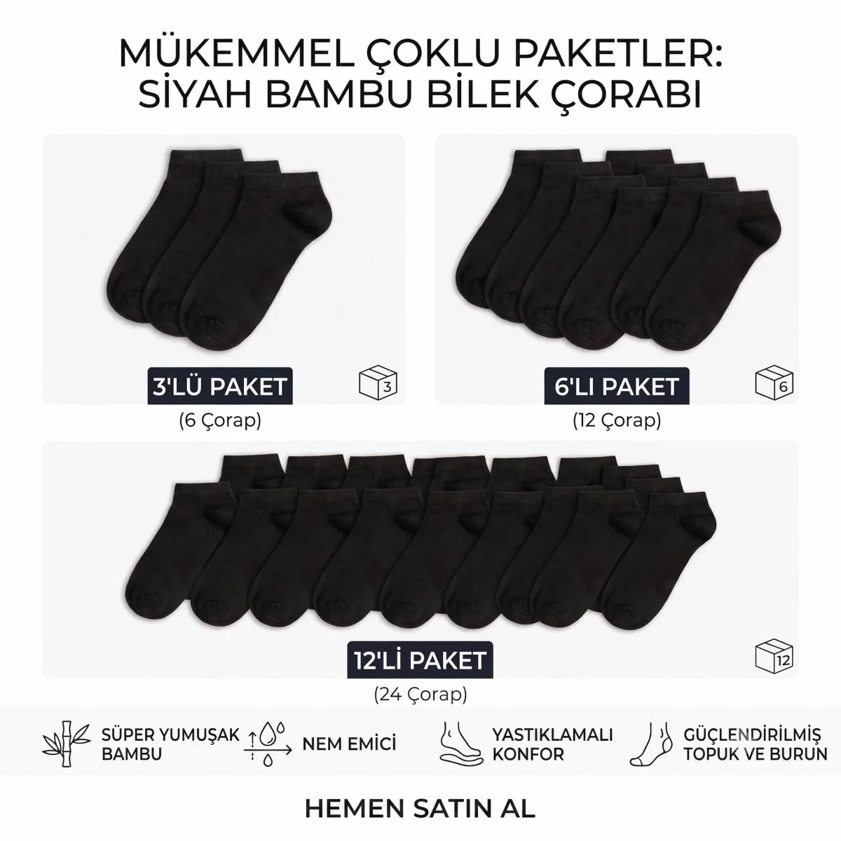 Erkek Bambu Patik Çorap 6’lı Paket, Siyah Beyaz Gri, Nefes Alan Nem Emici Yumuşak Günlük Spor Bilek Çorabı