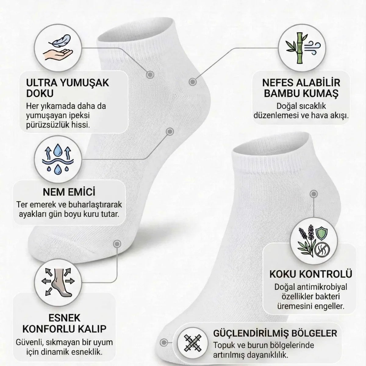 Erkek Bambu Patik Çorap 6’lı Paket, Siyah Beyaz Gri, Nefes Alan Nem Emici Yumuşak Günlük Spor Bilek Çorabı