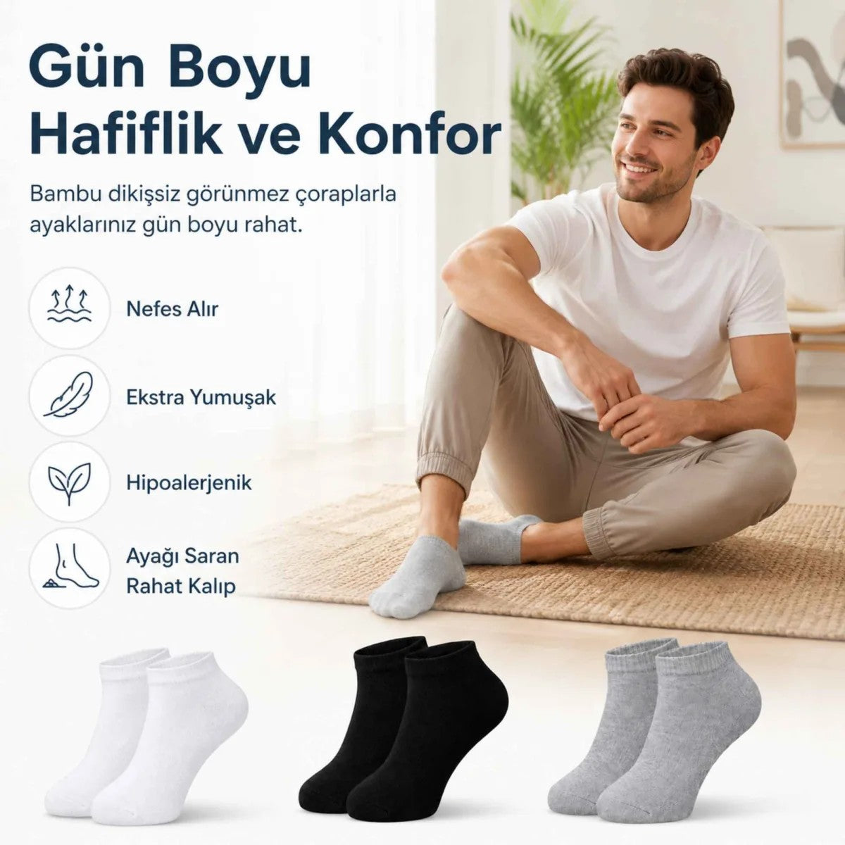 Erkek Bambu Patik Çorap 6’lı Paket, Siyah Beyaz Gri, Nefes Alan Nem Emici Yumuşak Günlük Spor Bilek Çorabı