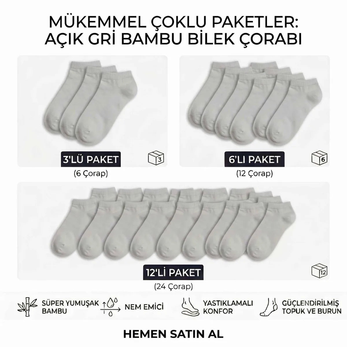 Erkek Bambu Patik Çorap 6’lı Paket, Siyah Beyaz Gri, Nefes Alan Nem Emici Yumuşak Günlük Spor Bilek Çorabı