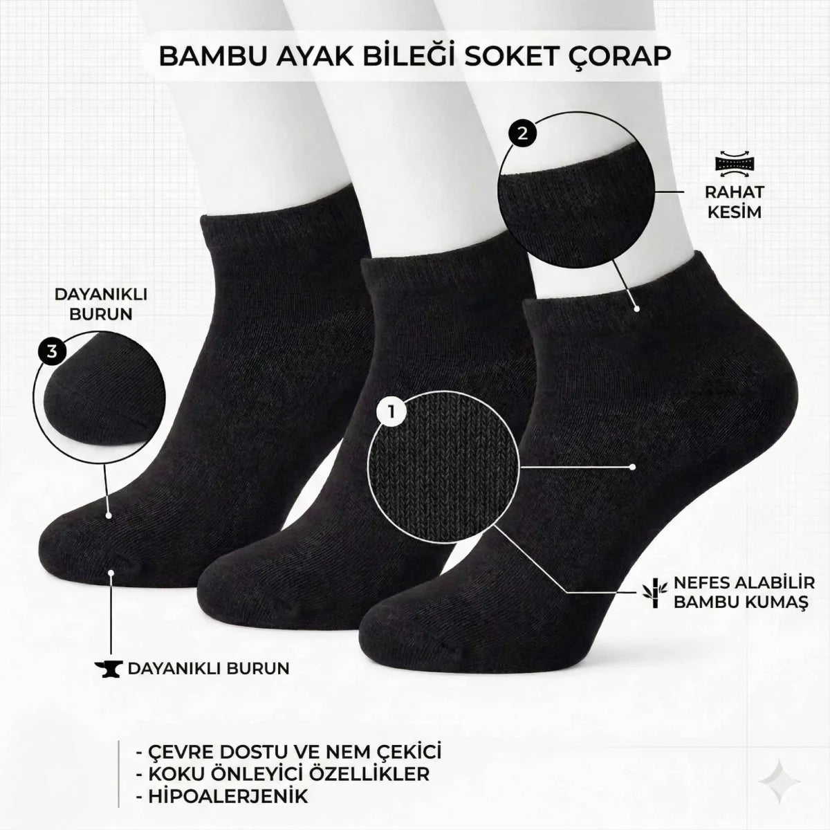Erkek Bambu Patik Çorap 6’lı Paket, Siyah Beyaz Gri, Nefes Alan Nem Emici Yumuşak Günlük Spor Bilek Çorabı