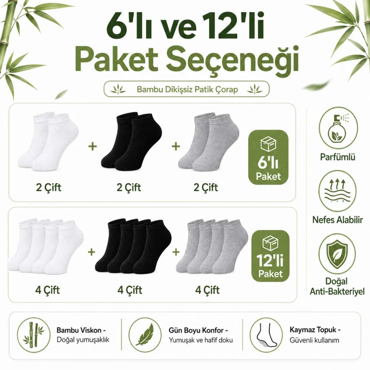 Erkek Bambu Patik Çorap 6’lı Paket, Siyah Beyaz Gri, Nefes Alan Nem Emici Yumuşak Günlük Spor Bilek Çorabı
