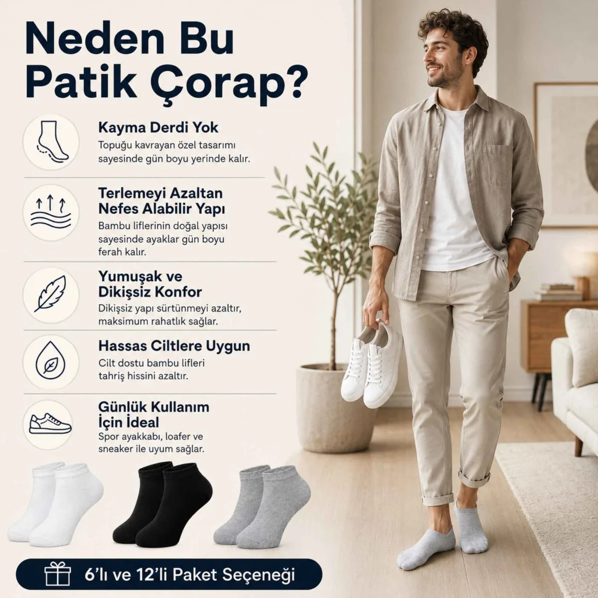Erkek Bambu Patik Çorap 6’lı Paket, Siyah Beyaz Gri, Nefes Alan Nem Emici Yumuşak Günlük Spor Bilek Çorabı