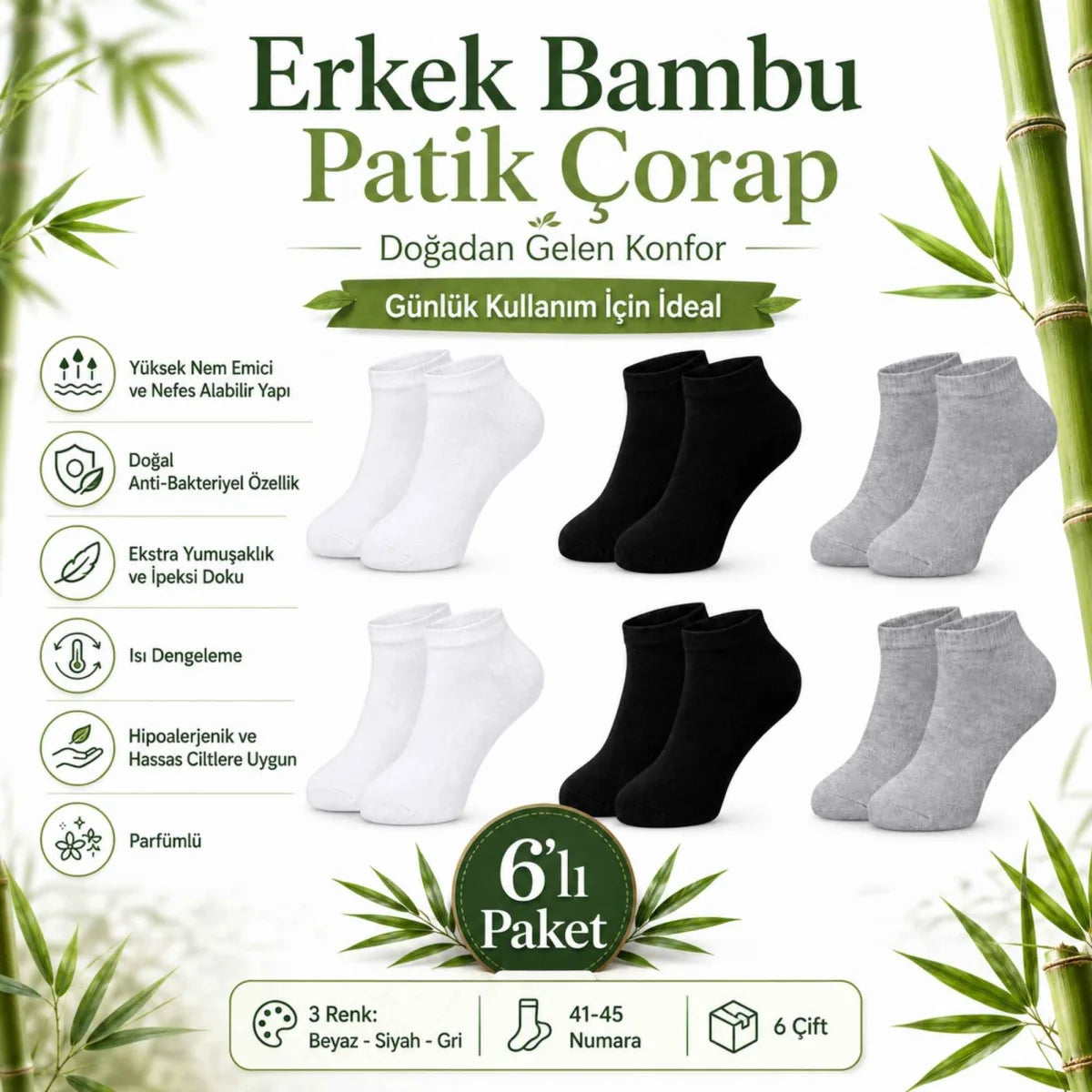 Erkek Bambu Patik Çorap 6’lı Paket, Siyah Beyaz Gri, Nefes Alan Nem Emici Yumuşak Günlük Spor Bilek Çorabı