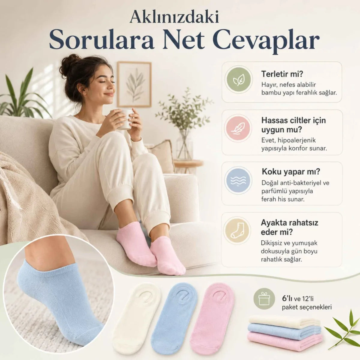 Kadın Bambu Dikişsiz Patik Çorap 12’li Paket – Yumuşak, Nefes Alan, Nem Emici Kısa Konç Günlük Çorap – Krem, Mavi, Pembe