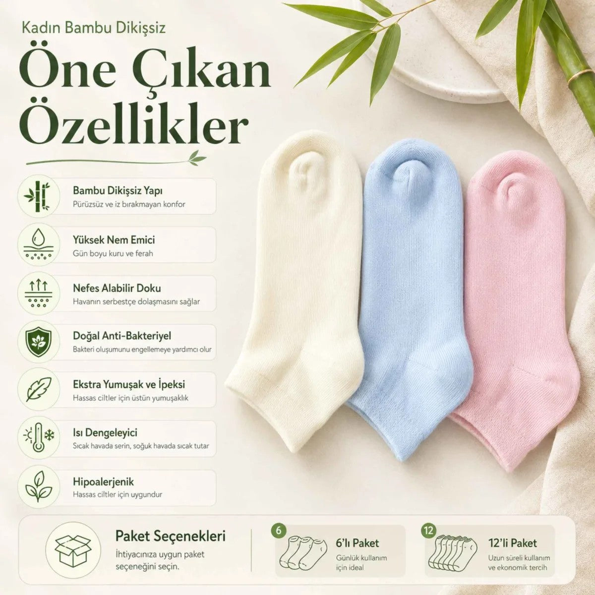 Kadın Bambu Dikişsiz Patik Çorap 3’lü Paket – Yumuşak, Nefes Alan, Nem Emici Kısa Konç Günlük Çorap – Krem, Mavi, Pembe