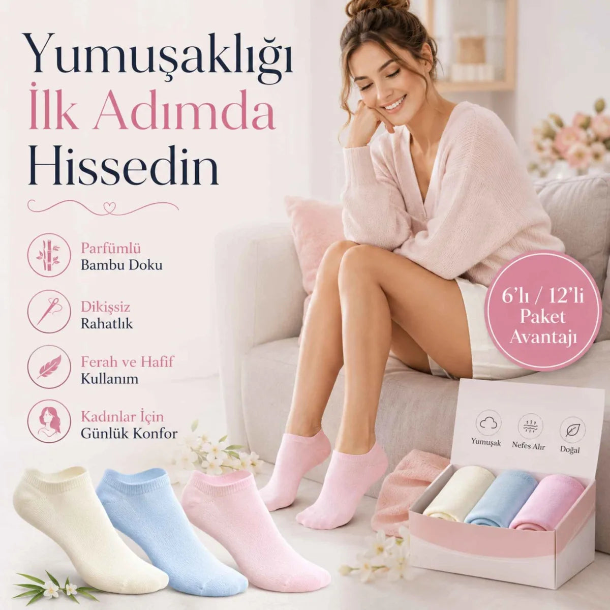 Kadın Bambu Dikişsiz Patik Çorap 3’lü Paket – Yumuşak, Nefes Alan, Nem Emici Kısa Konç Günlük Çorap – Krem, Mavi, Pembe