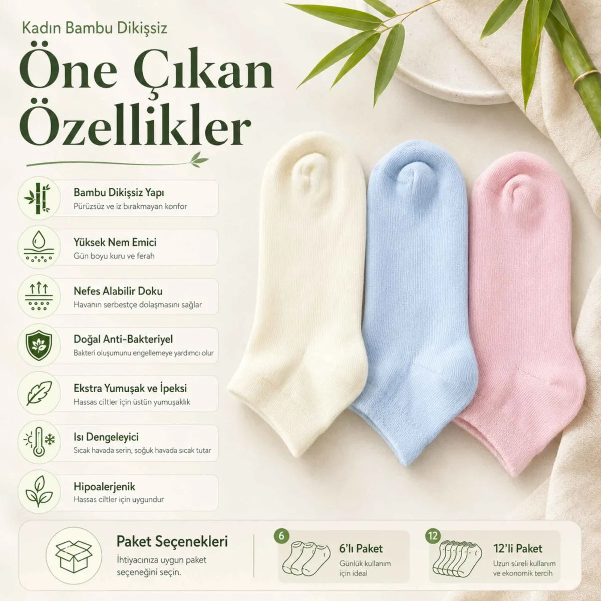 Kadın Bambu Dikişsiz Patik Çorap 6’lı Paket – Yumuşak, Nefes Alan, Nem Emici Kısa Konç Günlük Çorap – Krem, Mavi, Pembe