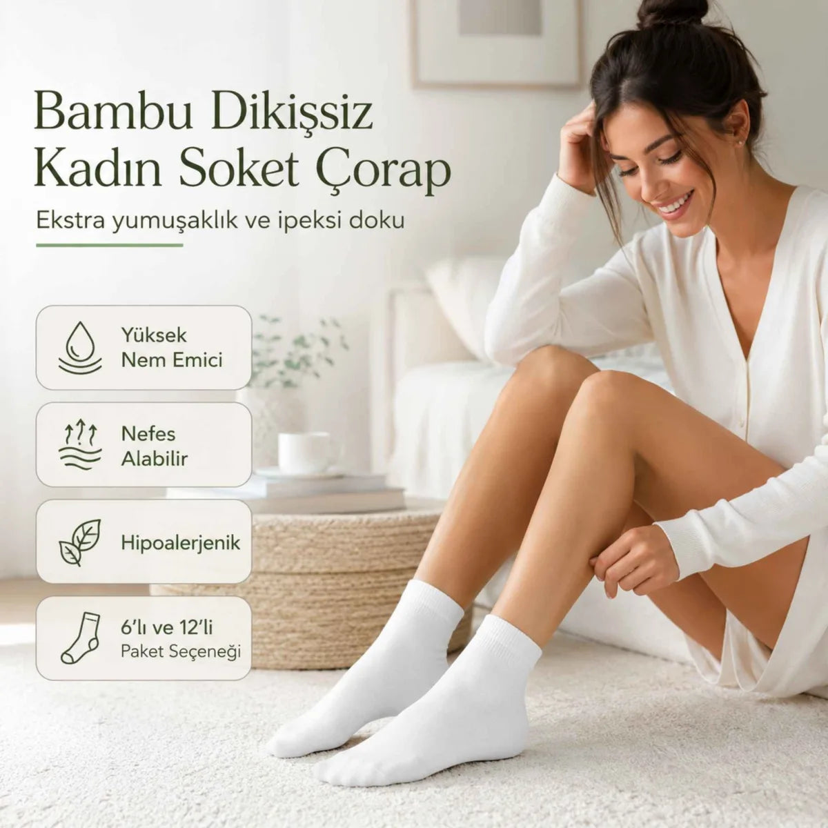 Kadın Bambu Uzun Çorap 12’li Paket, Dikişsiz Burunlu Yumuşak Dokulu Siyah Beyaz Gri