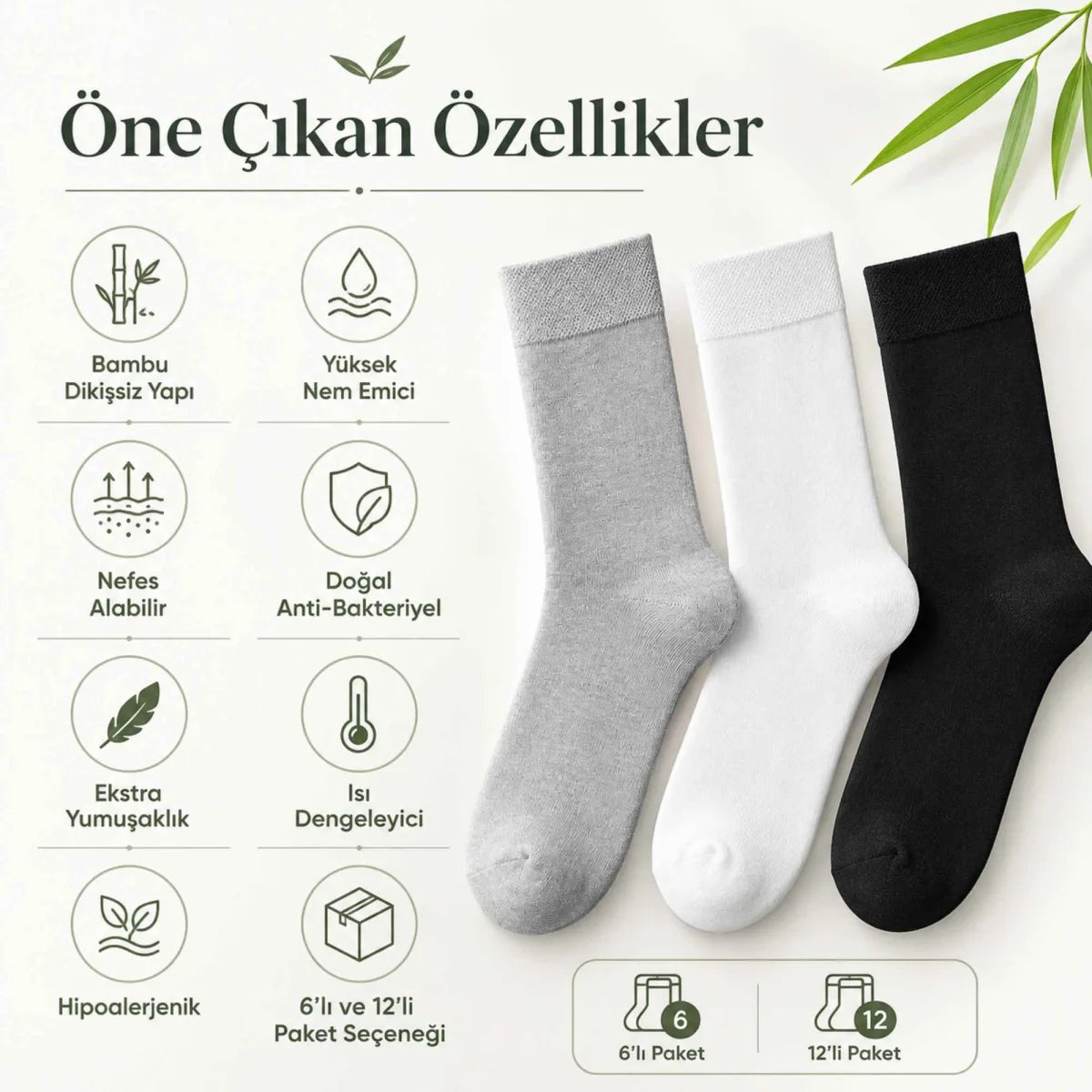 Kadın Bambu Uzun Çorap 12’li Paket, Dikişsiz Burunlu Yumuşak Dokulu Siyah Beyaz Gri