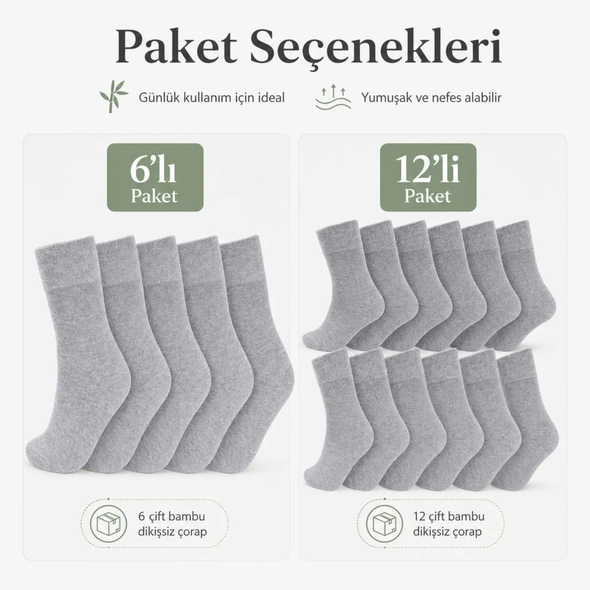 Kadın Bambu Uzun Çorap 12’li Paket, Dikişsiz Burunlu Yumuşak Dokulu Siyah Beyaz Gri
