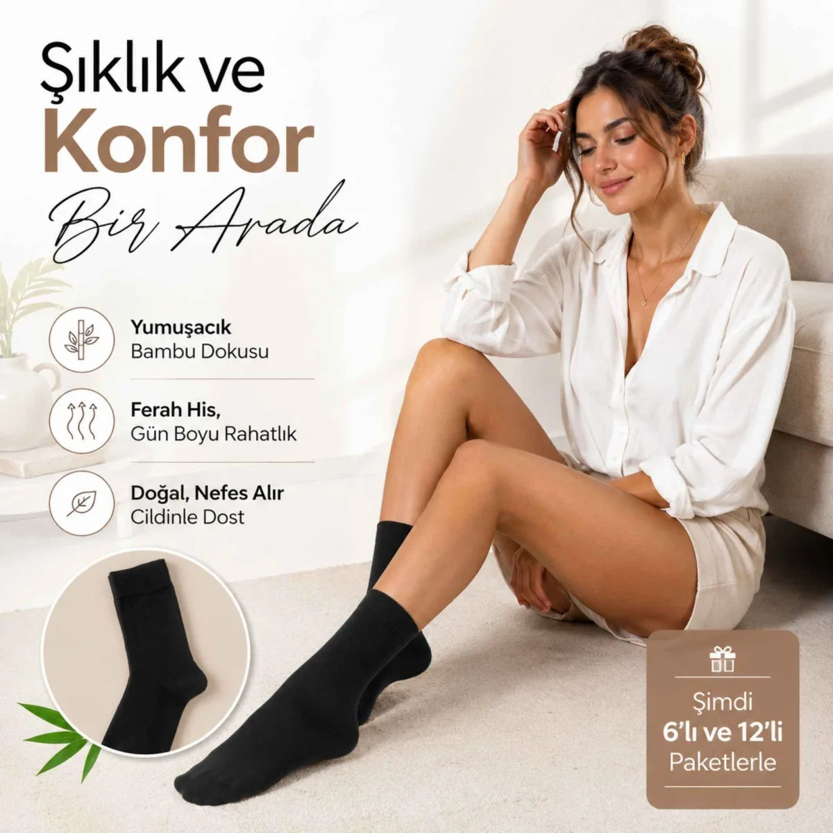 Kadın Bambu Uzun Çorap 6’lı Paket, Dikişsiz Burunlu Yumuşak Dokulu Siyah Beyaz Gri