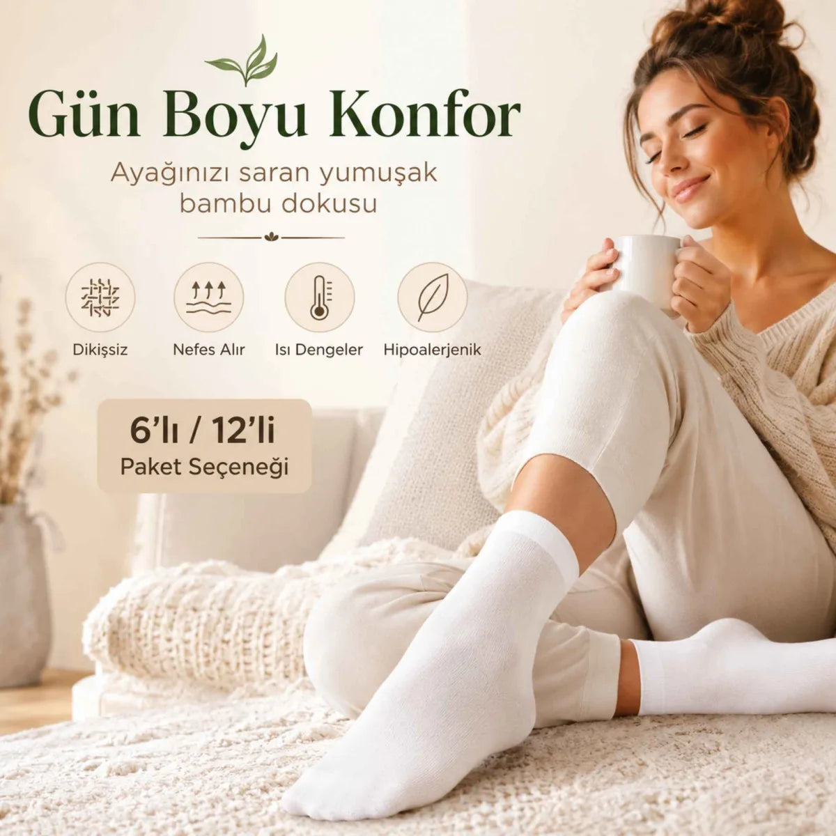 Kadın Bambu Uzun Çorap 6’lı Paket, Dikişsiz Burunlu Yumuşak Dokulu Siyah Beyaz Gri