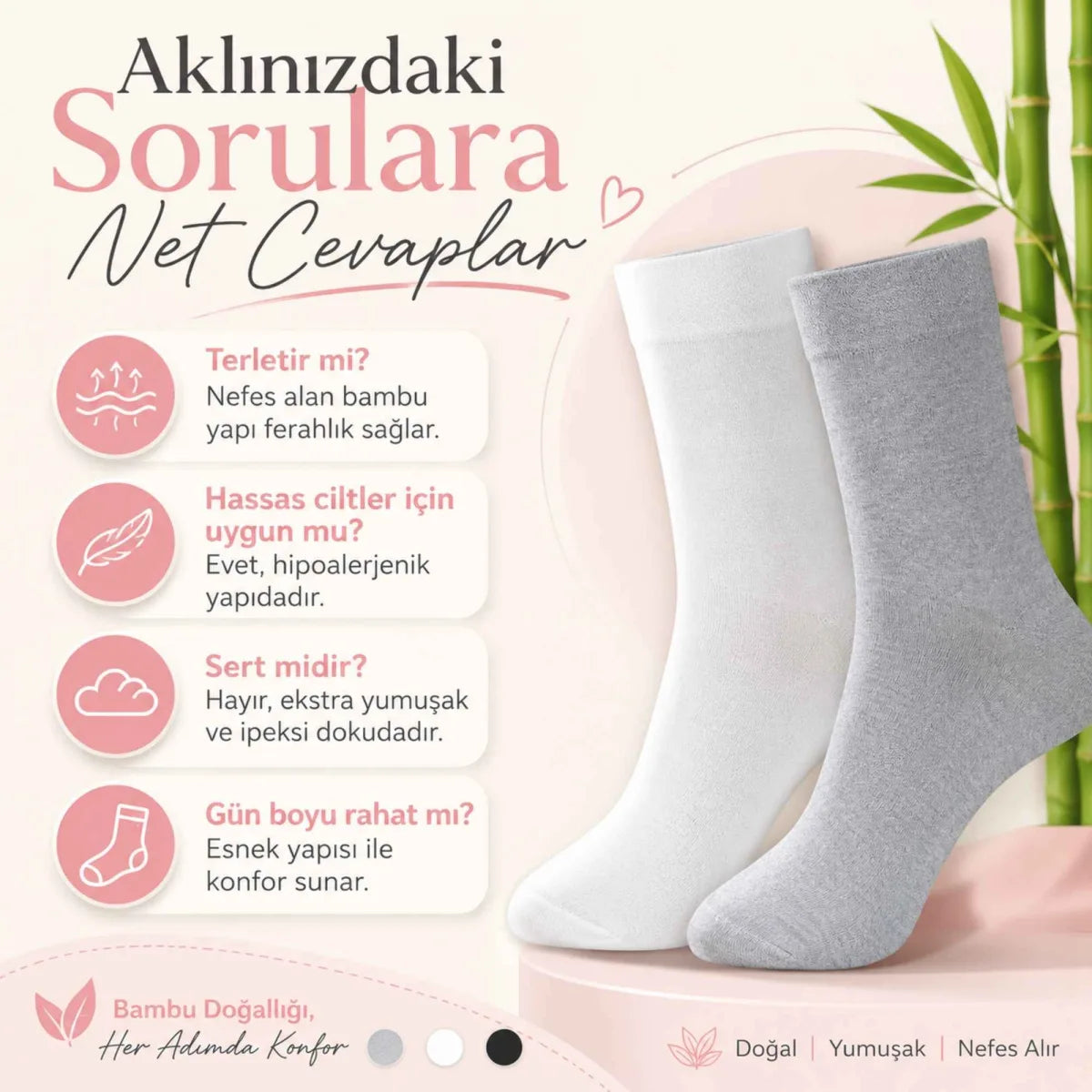 Kadın Bambu Uzun Çorap 6’lı Paket, Dikişsiz Burunlu Yumuşak Dokulu Siyah Beyaz Gri