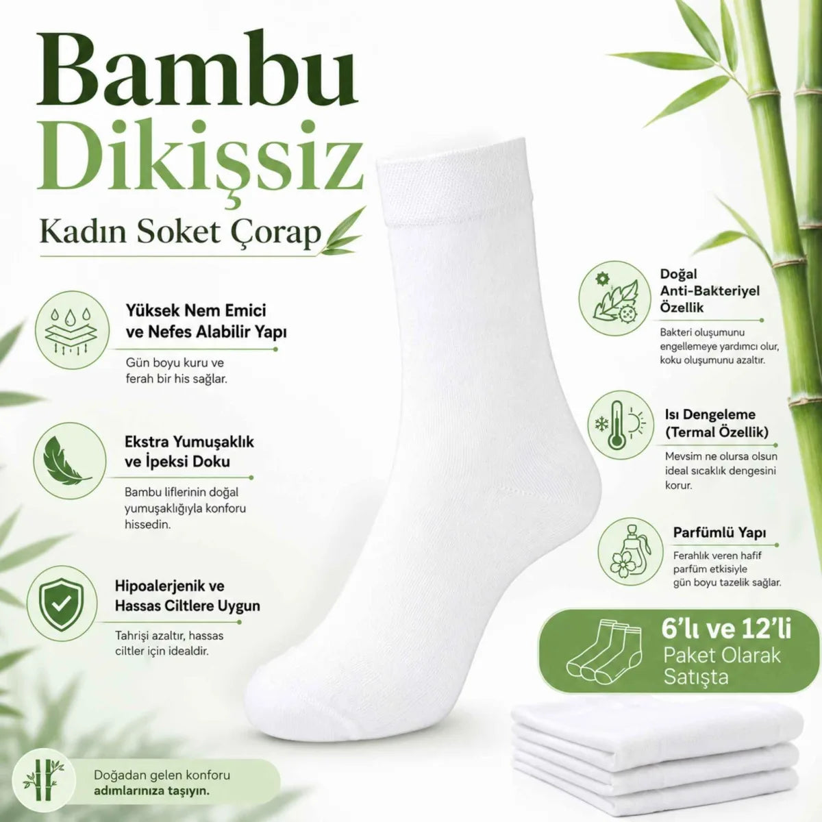 Kadın Bambu Uzun Çorap 6’lı Paket, Dikişsiz Burunlu Yumuşak Dokulu Siyah Beyaz Gri