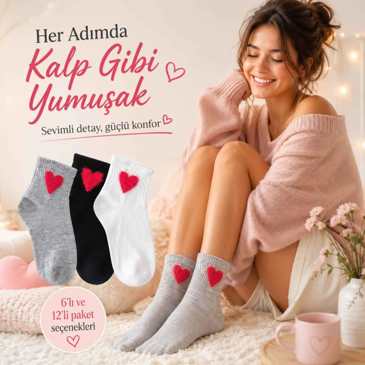 Kadın Pamuk Kalp Desenli Kısa Konç Bilek Çorap 12’li Paket, Siyah Beyaz Gri, Yumuşak Dokulu ve Dikişsiz Burun
