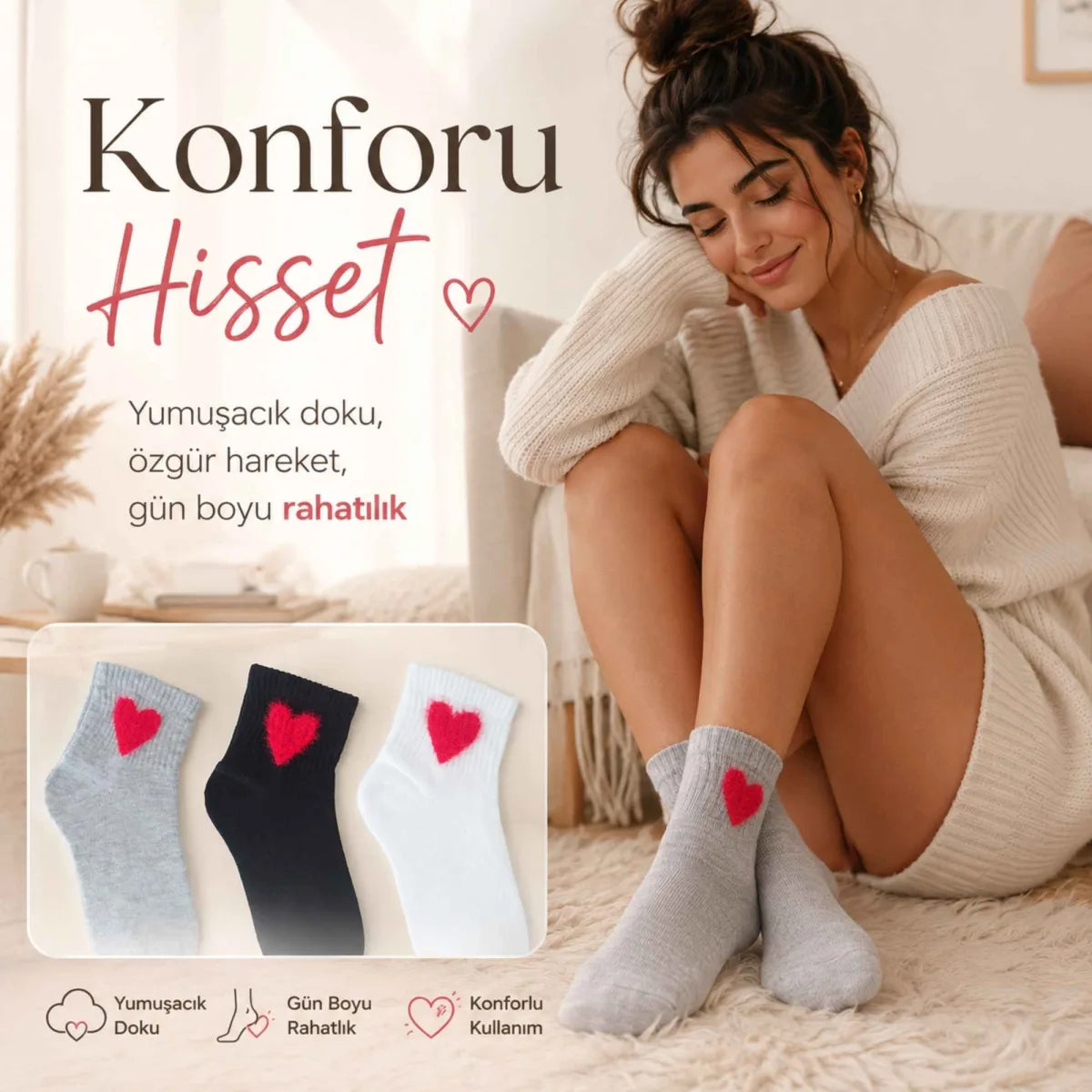 Kadın Pamuk Kalp Desenli Kısa Konç Bilek Çorap 12’li Paket, Siyah Beyaz Gri, Yumuşak Dokulu ve Dikişsiz Burun