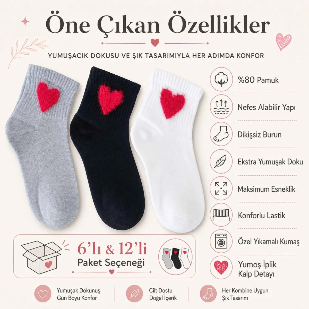 Kadın Pamuk Kalp Desenli Kısa Konç Bilek Çorap 12’li Paket, Siyah Beyaz Gri, Yumuşak Dokulu ve Dikişsiz Burun